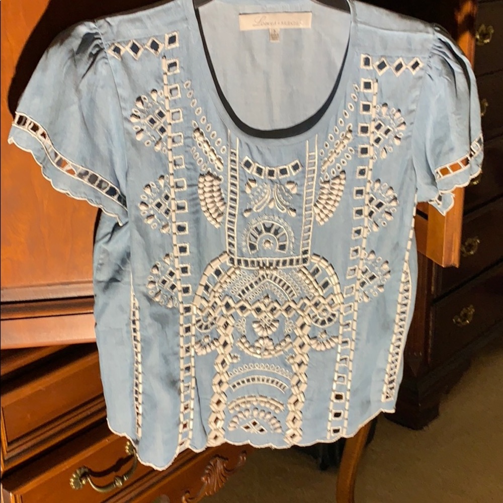 Lovers +friends chambray beaded cut out top, S